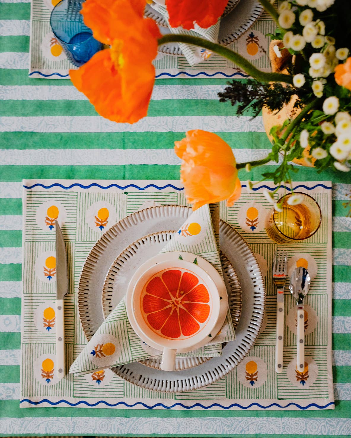 Maya Hand Block-Printed Cotton Tablecloth ·  Mint Green · 60x110"