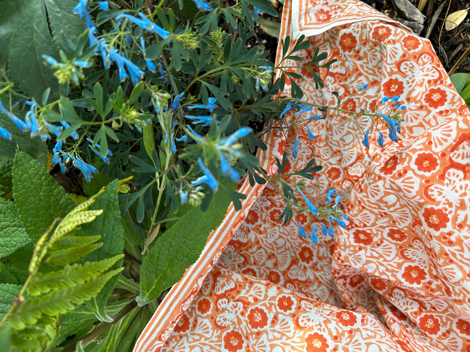 Hand Block-Printed Poppy Bandana · Peach