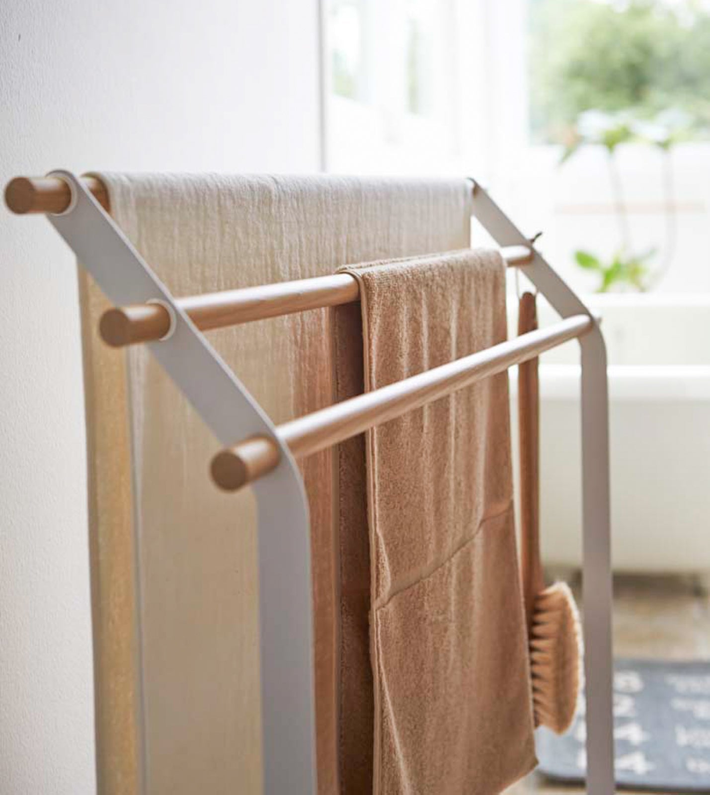 Steel + Wood Bath Towel Rack (32" H)  · Yamazaki Home